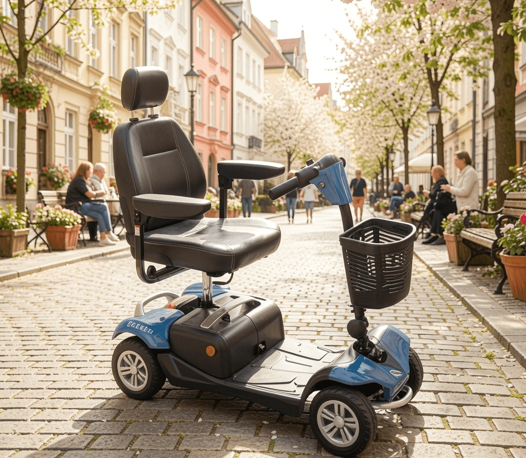 elektrický invalidní skútr stojící ve městě.