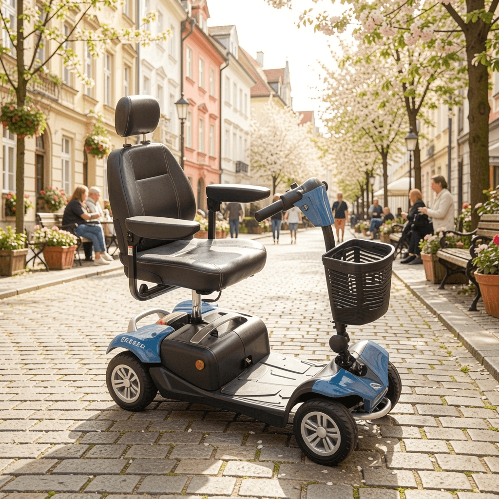 elektrický invalidní skútr stojící ve městě.